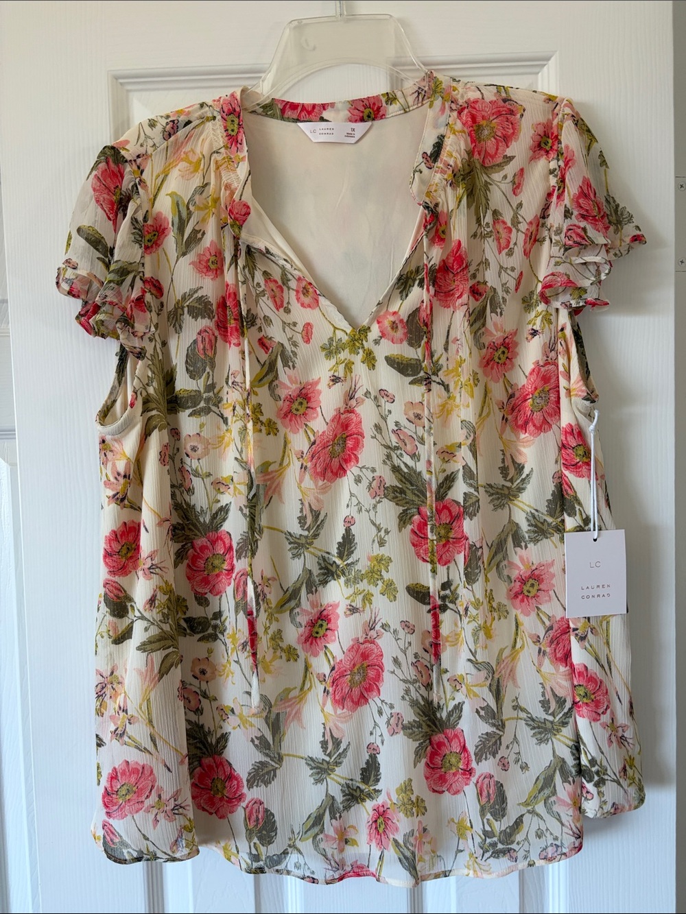 LC Lauren Conrad Cream Blouse with Pink Floral Print-NWT